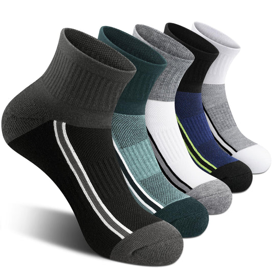 Gonii Mens Athletic Ankle Socks 5-Pairs - Blister Defense & Cushioned for Running, Hiking, Sports