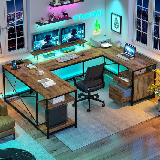 YITAHOME U Shaped Desk with Power Outlets & LED Lights, 79" Reversible L Shaped Desk with Drawers, Corner Computer Desk Office Desk with Monitor Stand & Storage Shelves, Rustic Brown