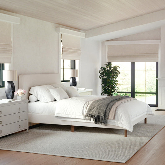Martha Stewart Britta Platform Bed with Headboard & Footboard, Faux Linen Upholstery with Piping Detail, Rounded Headboard, No Box Spring Needed, Queen, Beige
