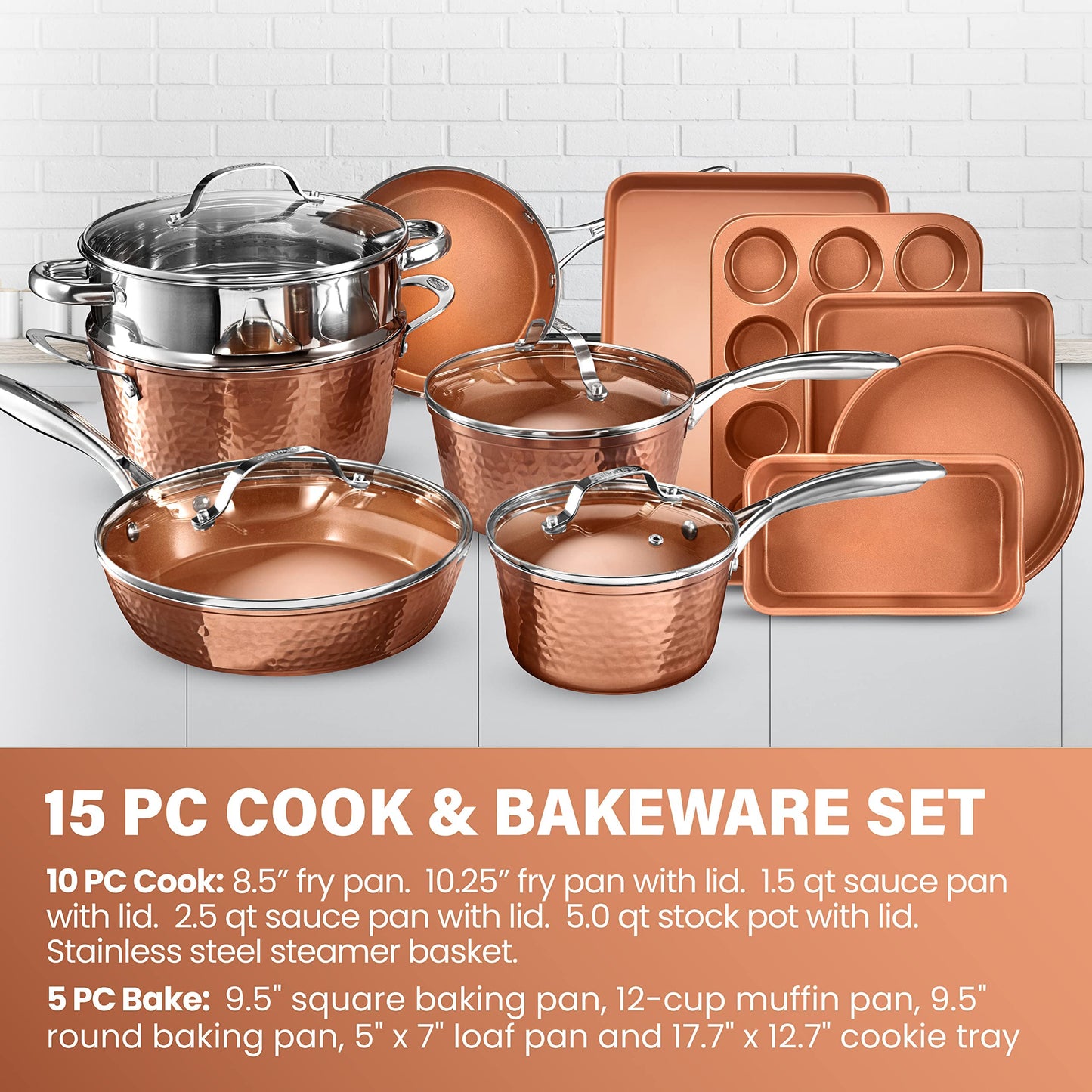 Gotham Steel Hammered 15 Pc Ceramic Cookware Set Nonstick, Induction Pots and Pans Set Non Stick with Bakeware Set & Steamer for Cooking, Non Toxic PFOA PFOS Free, Oven & Dishwasher Safe - Copper