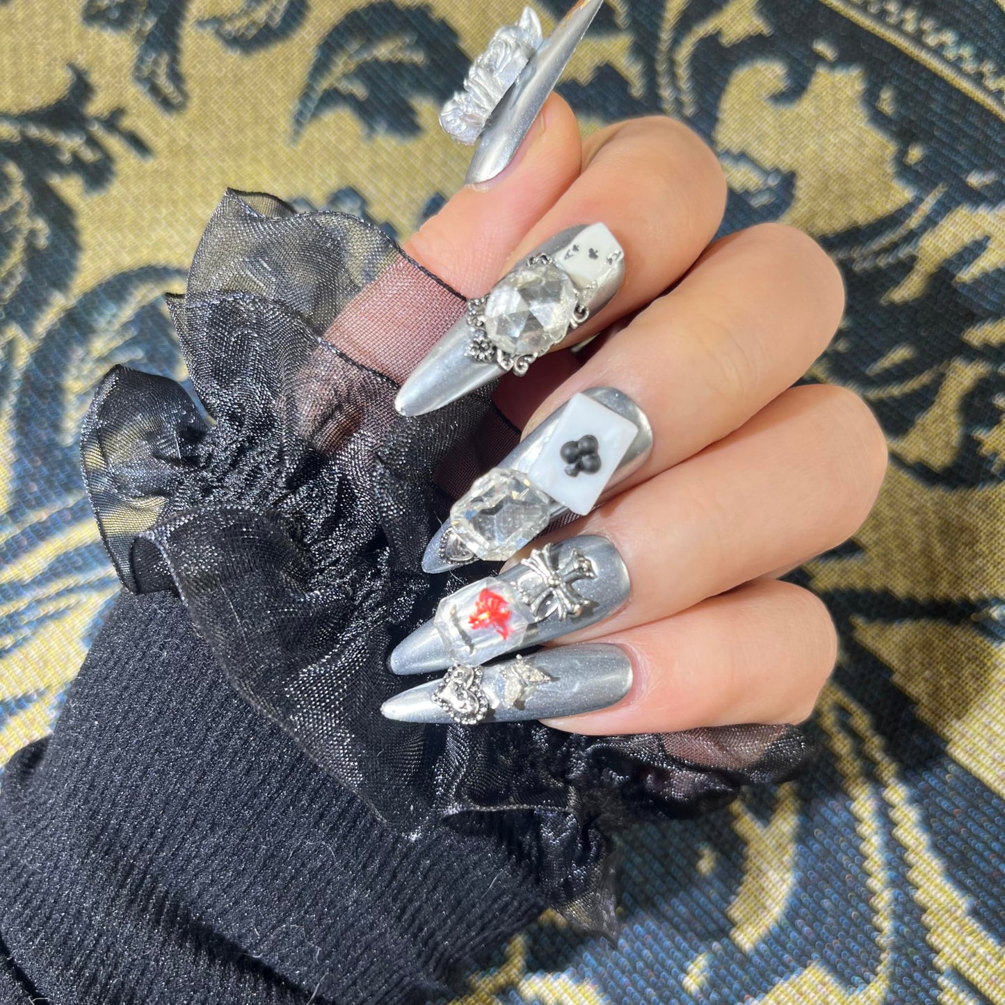 Mystery Box Random 4Pack(40Pcs) Handmade Nails Manual Press on Nails Poker Playing Pard Nails Manicure Charms Nails Art Nail Kit for Women Party Holiday Photo Wedding 30mm Long Size L