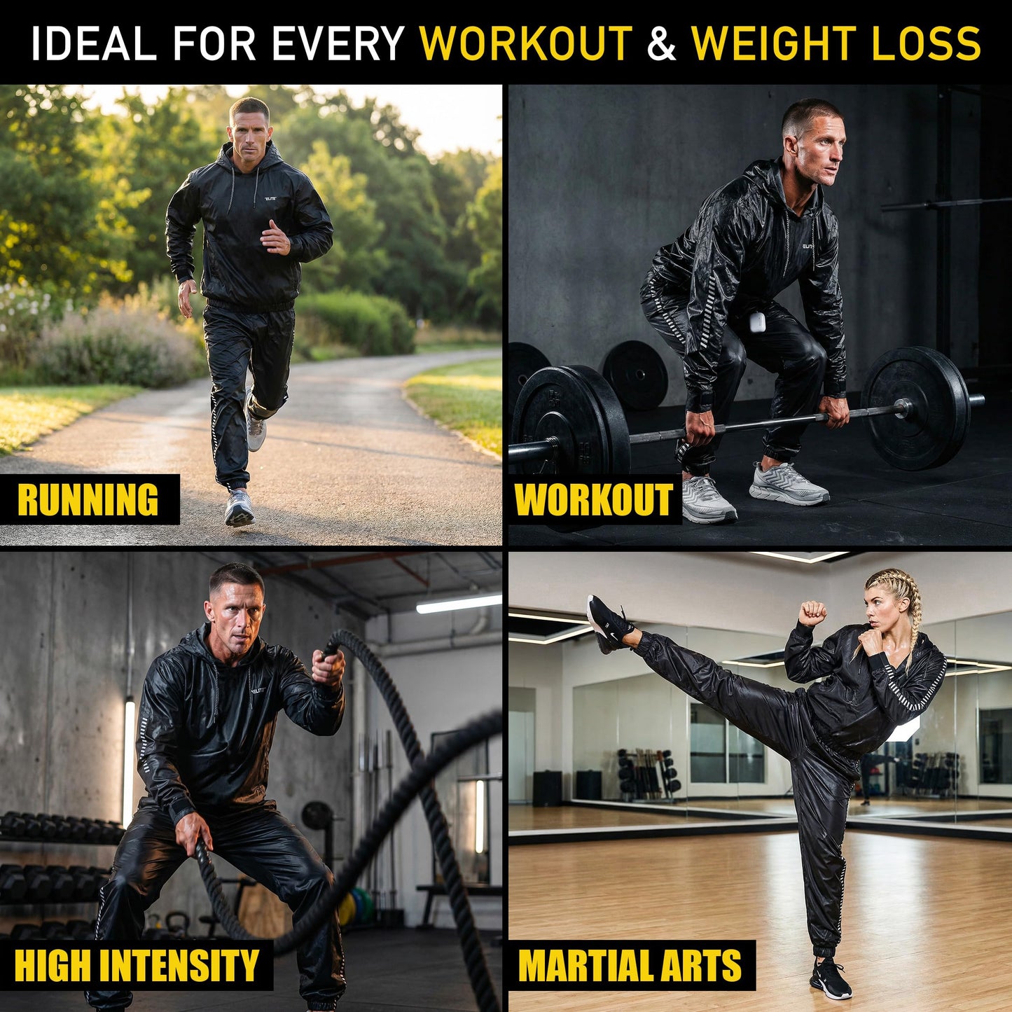 Elite Sports Sauna Suit for Weight Loss Men & Women Boxing MMA Wrestlers Gym Sweat Hoodie Sauna Suits Wrap Full Body Workout (Black, XX-Large)