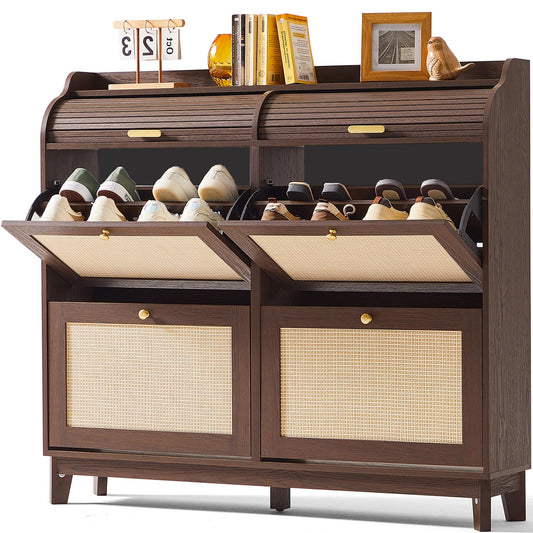 LINSY Shoe Storage Cabinet, Rattan Shoe Cabinet Flip Drawer Shoes Rack Cabinet with Sliding Tambour Door, Large Shoe Cabinets Mid Century Modern Hidden Shoe Storage Organizer for Entryway, Walnut