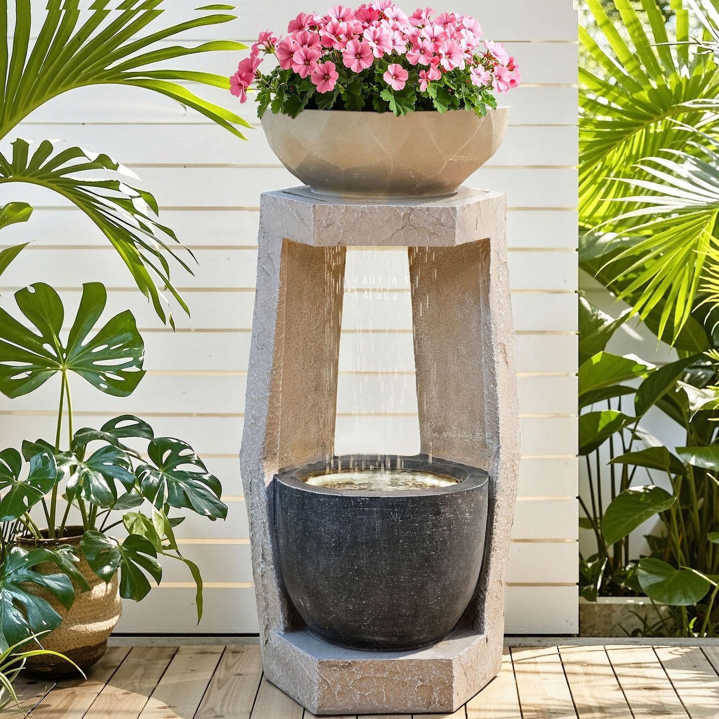 Ultym 32" Outdoor Fountain, Modern Geometric Two Bowls Water Feature with LED Lights, Resin Soothing Cascading Waterfall for Patio, Backyard, Garden or Porch