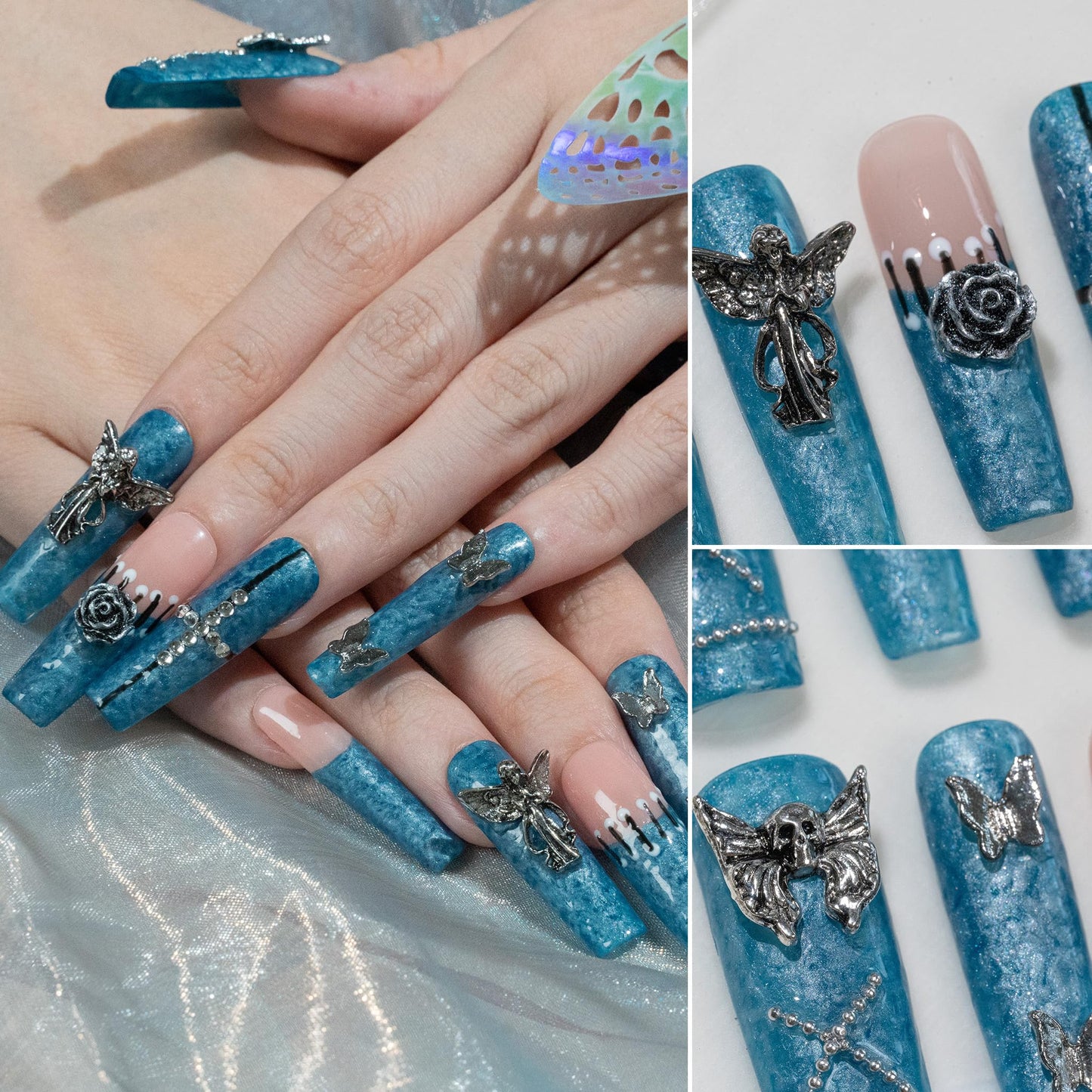Sun&Beam Nails Handmade Press-on Long Coffin Ballerina Blue Nude Beige Y2K Glam 3D Design Fashion False Nail Tips 10 Pcs Set (#269 M)