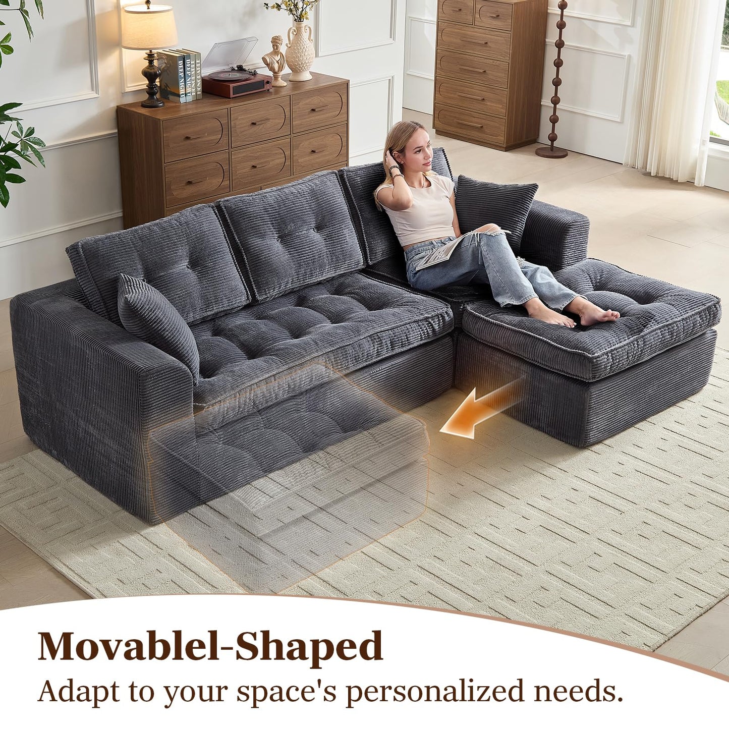 ROXGOX Modular Sectional Sofa, Modern Boneless Couch with L-Shape Chaise, Home Sectional Comfy Sofa Set for Living Room Bedroom and Floor, Plush Corduroy, No Assembly Required (Gray)