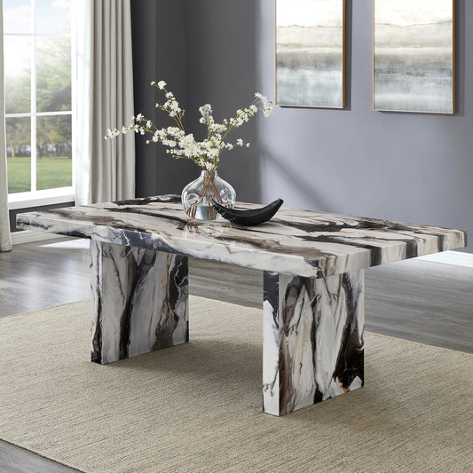 Roundhill Furniture Cavira Modern Faux Marble Dining Table with Double Pedestal Base