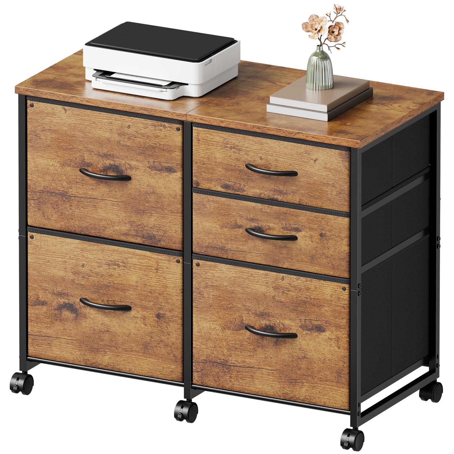 YeTom Lateral File Cabinet with 5 Drawers Rolling Filing Cabinets Under Desk Storage Printer Stand with Wheels,Mobile File Cabinet for Home Office,Rustic Brown