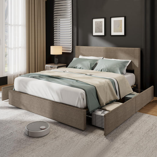 IDEALHOUSE Full Size Bed Frame with Tufted Wingback Headboard, Platform Corduroy Upholstered Bed Frame with 4 Storage Drawers and Wooden Slats Support, No Box Spring Needed, Brown