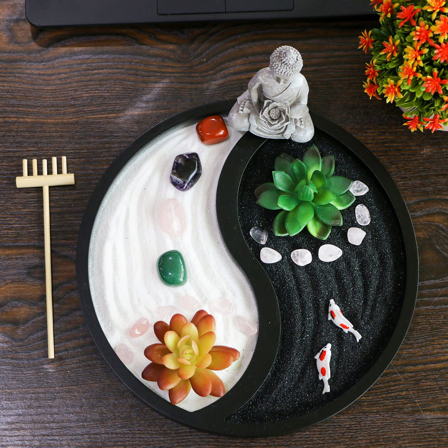 Buddha Meditation Zen Garden Kit - Home Office Tabletop Taiji Yin Yang Sand Garden Altar Zen Decor Zen Gifts DIY Mini Chakra Crystal Quartz Rock Garden w/ Nature Healing Stone Rake Tool