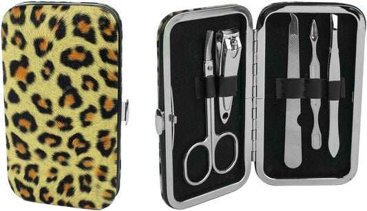 5-Piece Manicure Grooming Kit Set in Leopard Print Travel Case (Clipper, Scissor, Double-Sided Push Stick, Nail File, Tweezers)