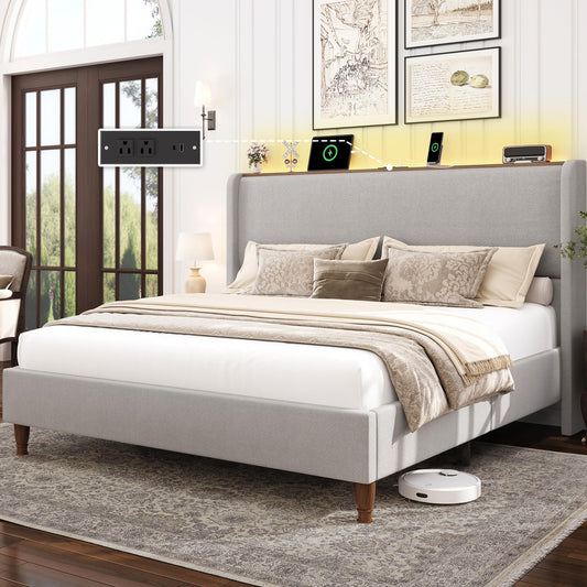 LARMACE Queen Size Bed Frame with LED Lights and Charging Station Linen Upholstered Platform Bed Frame with 51.2" Tall Wingback Headboard and Storage Shelf, No Box Spring Needed, Easy Assembly, Grey