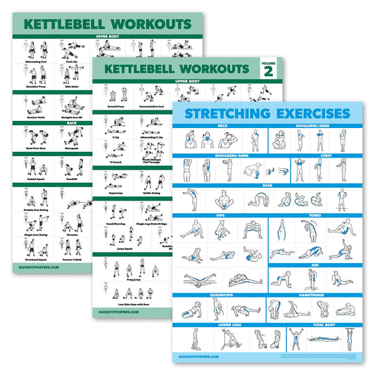 Palace Learning 3 Pack Kettlebell Workouts Volume 1 & 2 + Stretching Exercises Poster Set - Set of 3 Workout Charts [LIGHT] (LAMINATED, 18” x 24”)