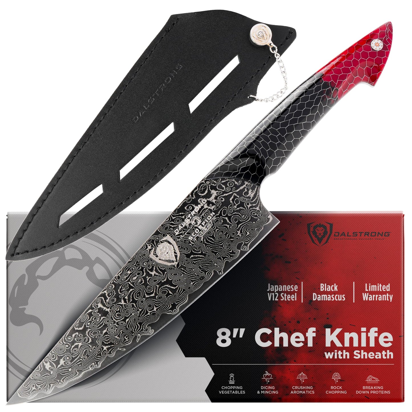 Dalstrong Chef Knife - 8 inch Blade - AUS-12V Exclusive Japanese Steel - Black Damascus Full Tang - Honeycomb Handle - Chef's Knife - Scorpion Series - Razor Sharp Kitchen - Leather Sheath