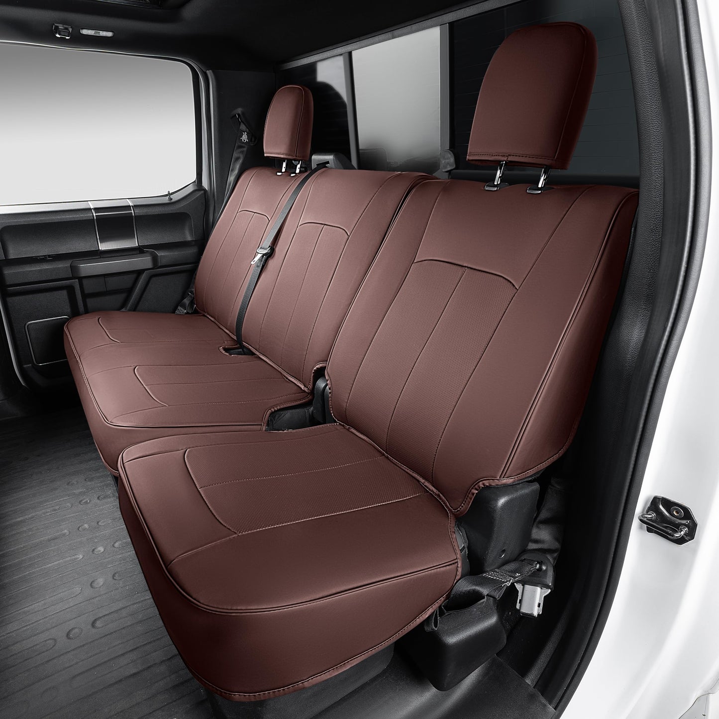 OASIS AUTO Custom Fit Seat Covers Compatible with Ford F150/F250/F350/F450 2015-25/Lightning 2022-24/Super Duty 2017-25 Waterproof Faux Leather Ultimate Truck Seat Covers (Full Set, Brown)