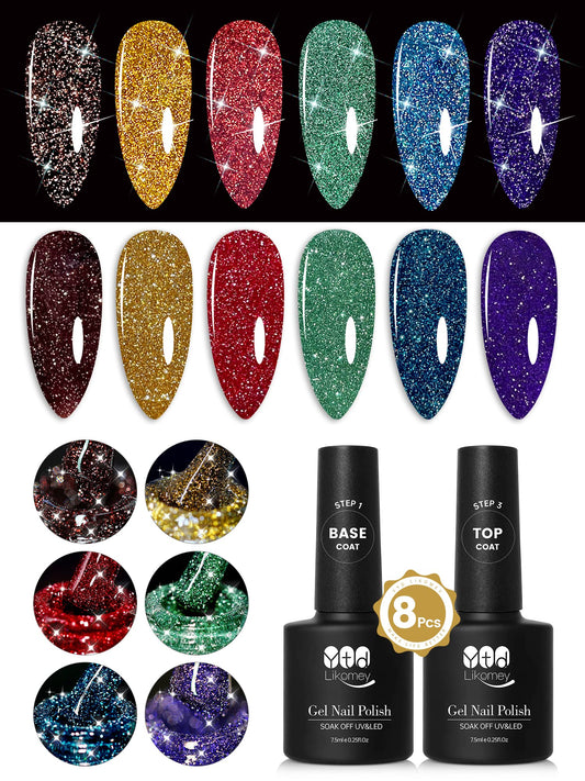 YTD Likomey Reflective Glitter Gel Nail Polish Set,Flash 6 Colors with Base and Top Coat Kit,Summer Brown Gold Red Green Purple Diamond Sparkle Manicure UV Color Nail Varnish,8 Pcs 7.5 ml