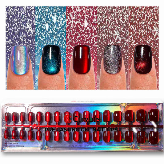 CurvLife Soft Gel Cat Eye Short Press On Nails Square, 160Pcs 32Size Full Cover Nail Tips, Glossy Glitter Light-Chasing Design, Reusable Stick On Nails for Women & Girls