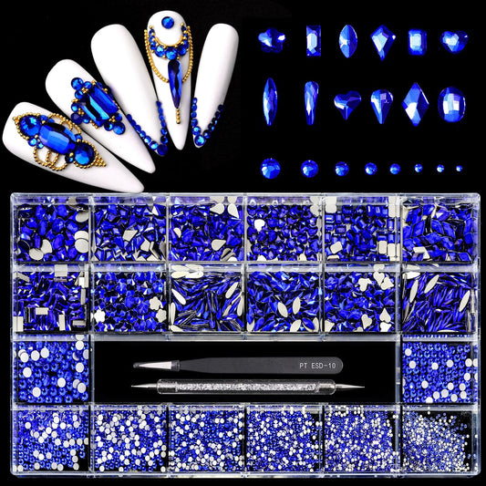 Yzzseven 12 Types of Blue 600 Diamonds + 2500 Flat Rhinestones Mix 20 Styles Flatback DIY Crafts Rhinestone Crystals 3D Decorations Flat Back Stones Set +Tweezers + Drill Pen