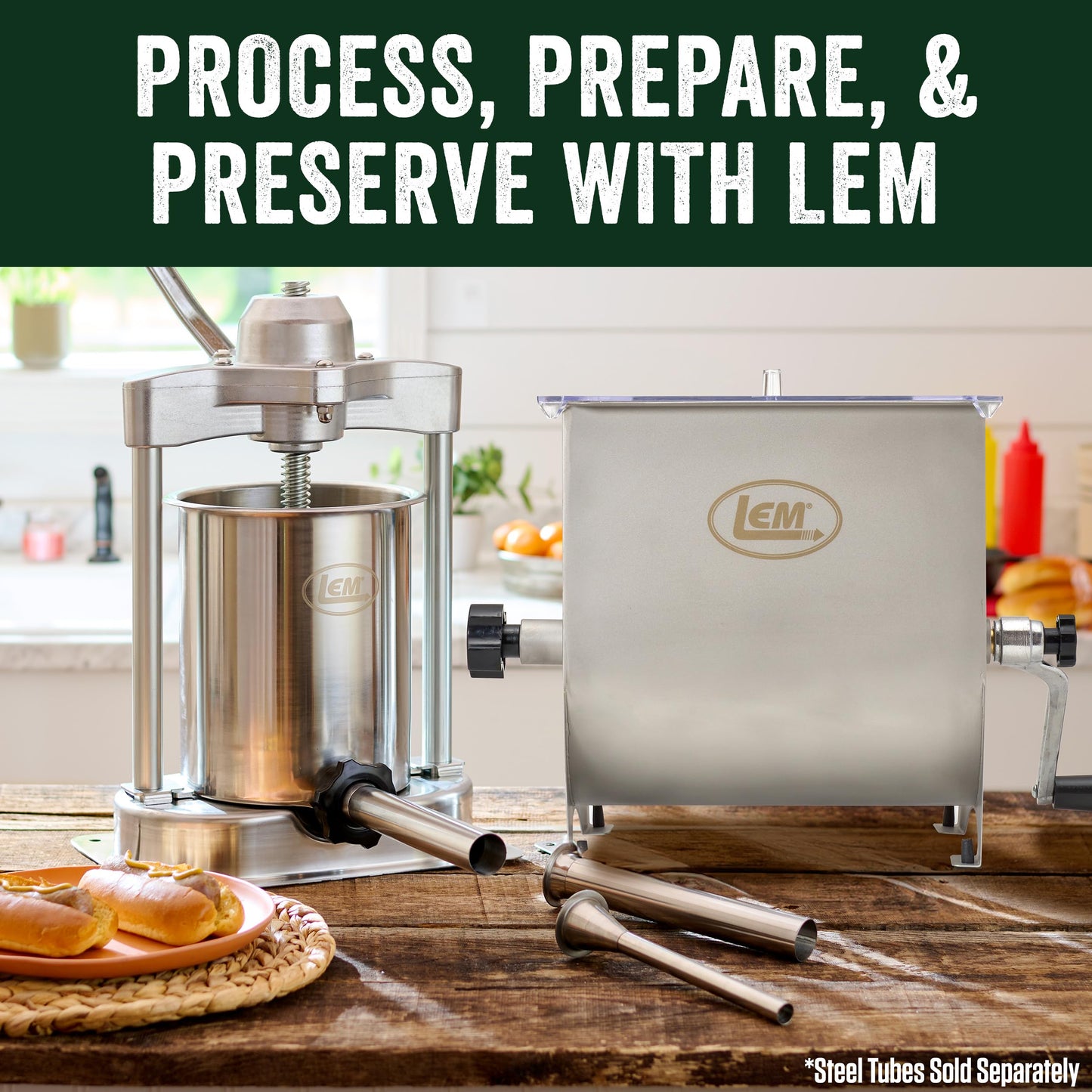 LEM Products MightyBite Vertical Stainless Steel 5 Pound Capacity Sausage Stuffer with Plastic Stuffing Tubes and 20 Pound Manual Meat Mixer Set