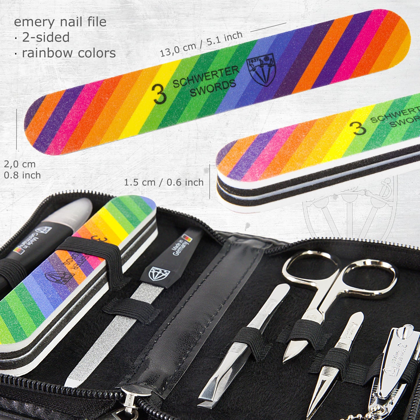 3 Swords Germany - Brand Quality 7-Piece Manicure kit with Rainbow Nail Buffer and Many More Tools in Black Artificial Leather case