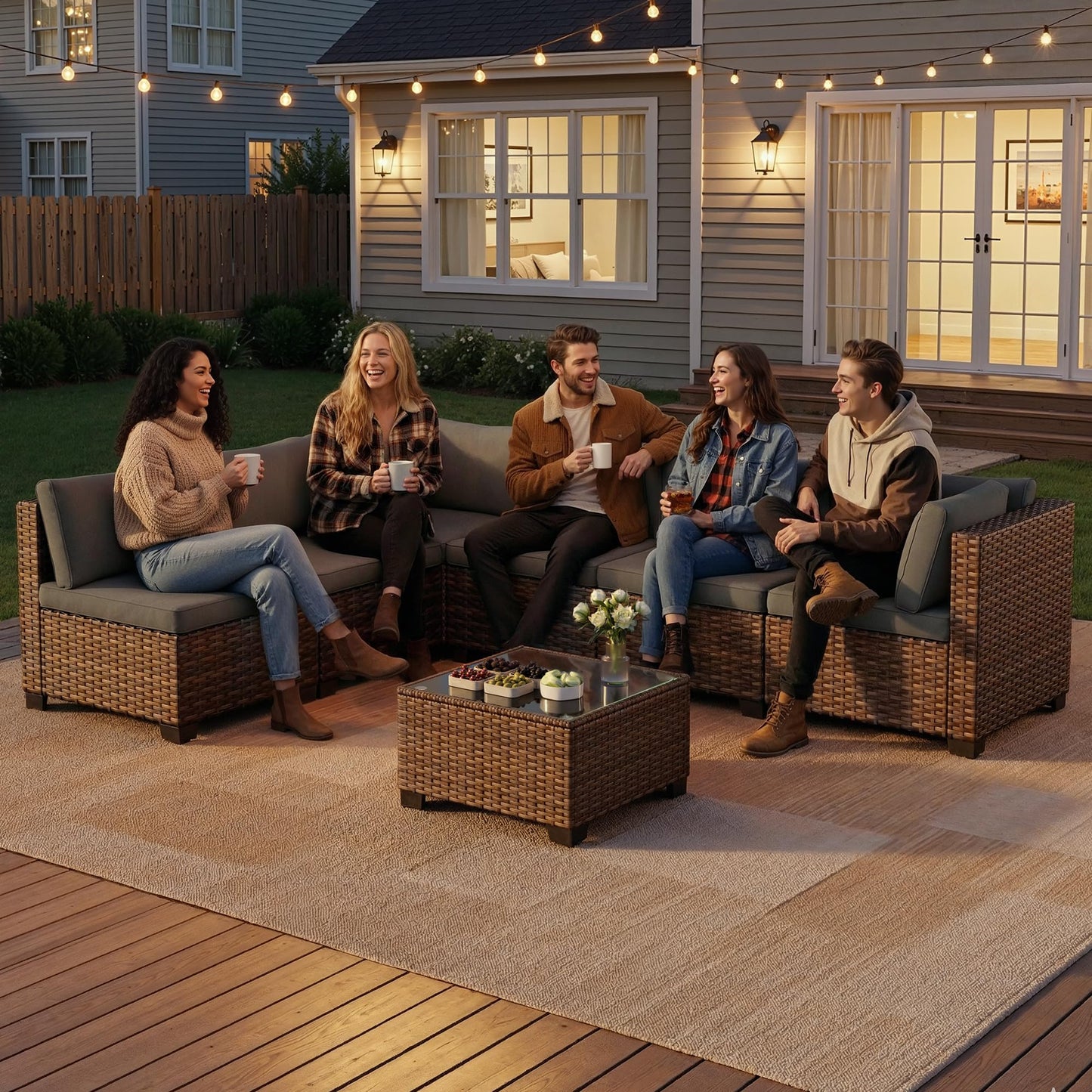 Qsun 7 Pieces Patio Furniture Set, Outdoor Sectional Rattan Sofa Set, Wicker Patio Conversation Set with Cushions and Glass Coffee Table, for Balcony, Porch, Garden, Grey