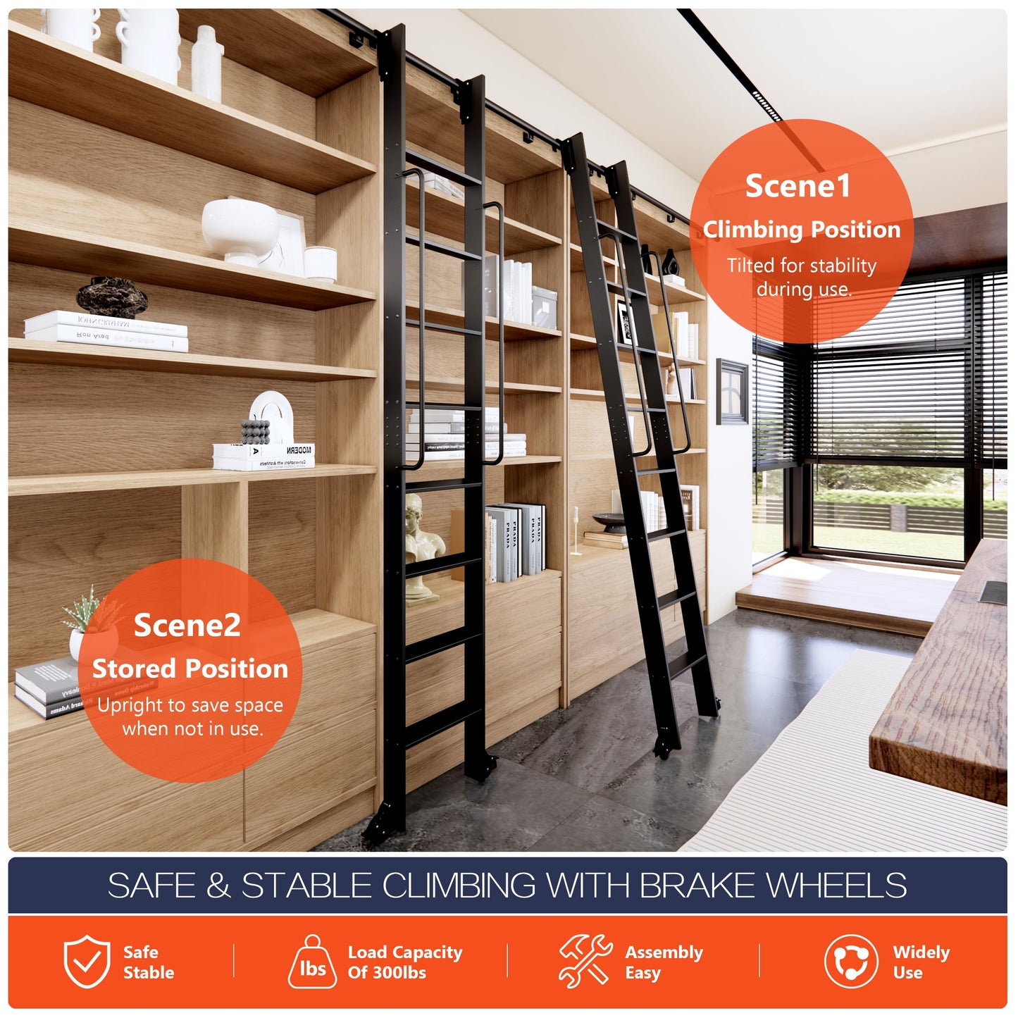 HARDJULAN 96" Telescopic Sliding Library Ladder with Handrail – Lightweight Aluminum Rolling Ladder with Braking Wheels, 4FT Hook Ladder Track Kit for Home, Loft, and Bookshelves