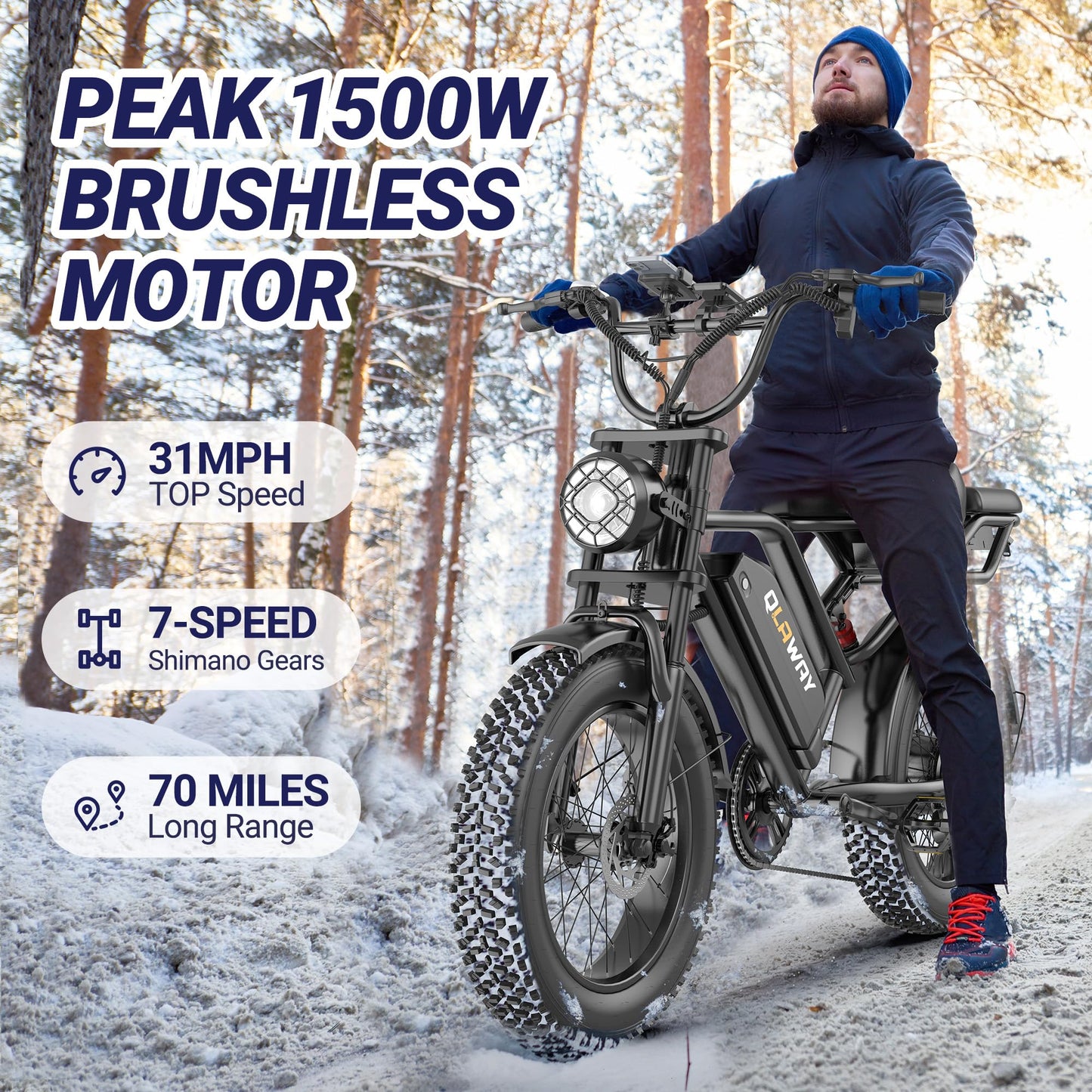 Qlaway Fat Tire Electric Dirt Bike 750w for Adults 20" Full Suspension Electric Motorcycle Ebikes 48V 18AH Removable Battery,31MPH Top Speed,LED Headlights, Turn Signals,40-70 Miles Range