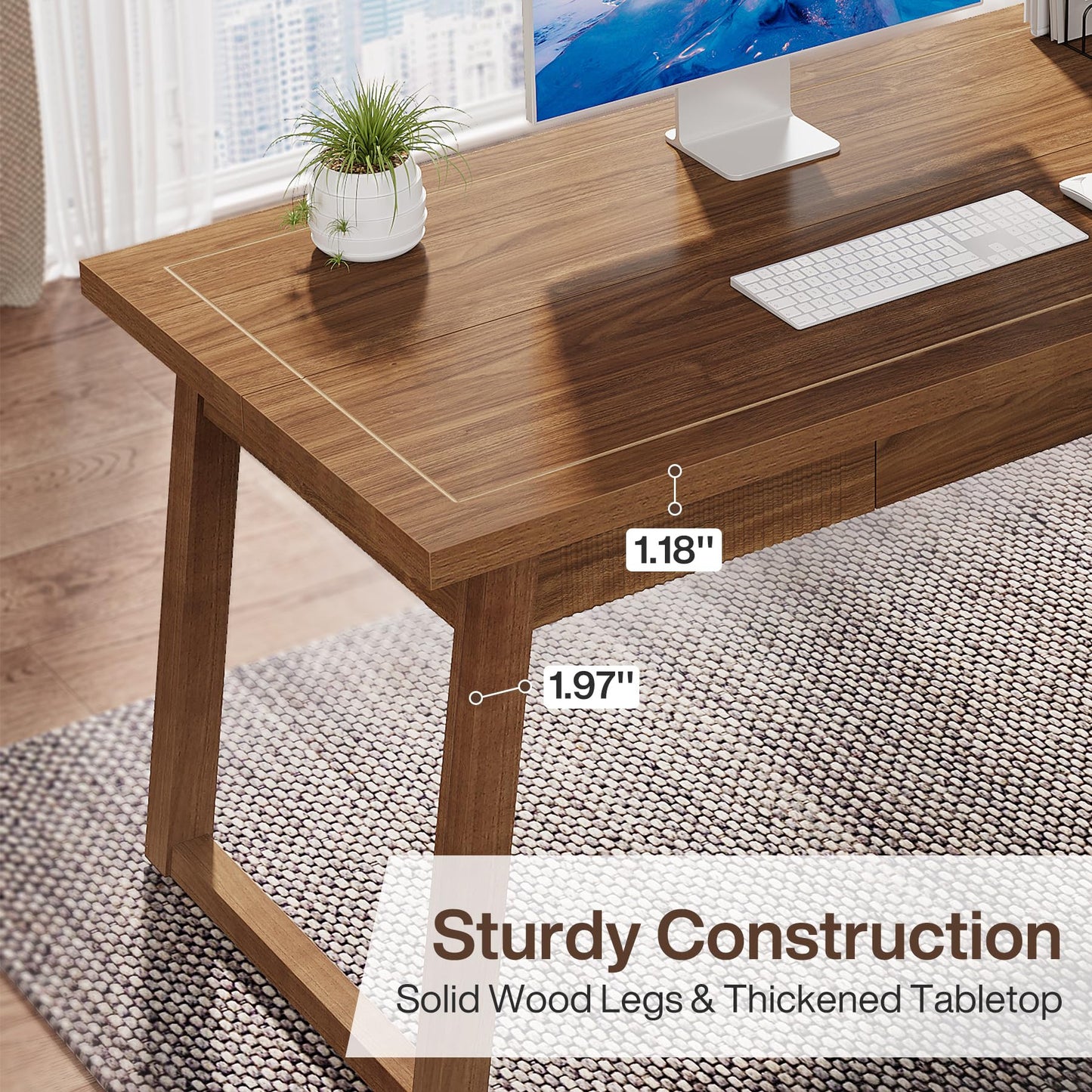 Tribesigns Home Office Executive Desk: 55 Inches Wooden Computer Desk with Drawer, Mid-Century Modern Study Writing Table, Rustic PC Laptop Desk Workstation Furniture, Walnut Brown