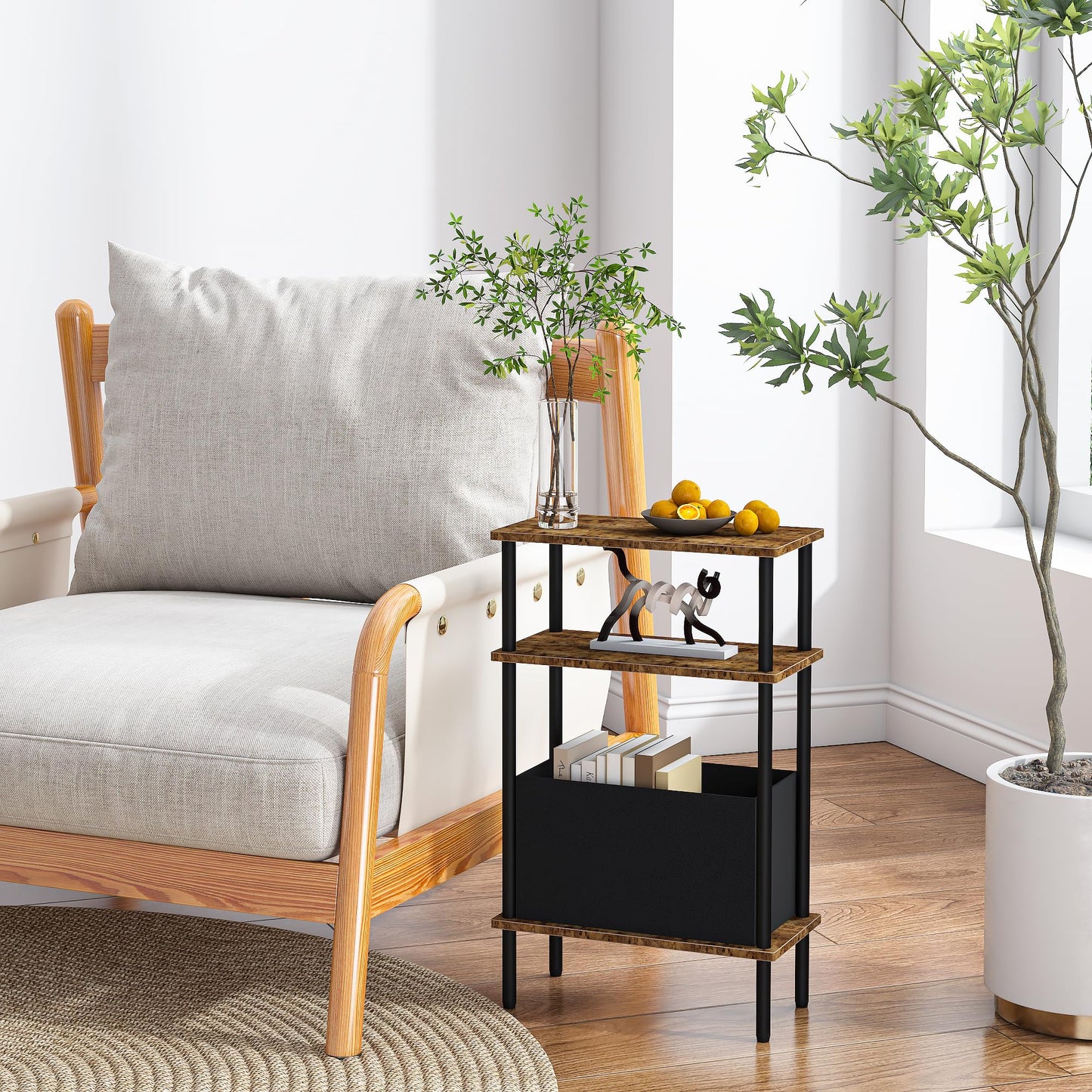 Newmics Narrow Side Table with Fabric Basket, End Table for Small Spaces, Slim Nightstand with 3-Tier Storage Shelf, Sofa Beside Table, for Living Room, Bed Room, Rustic Brown