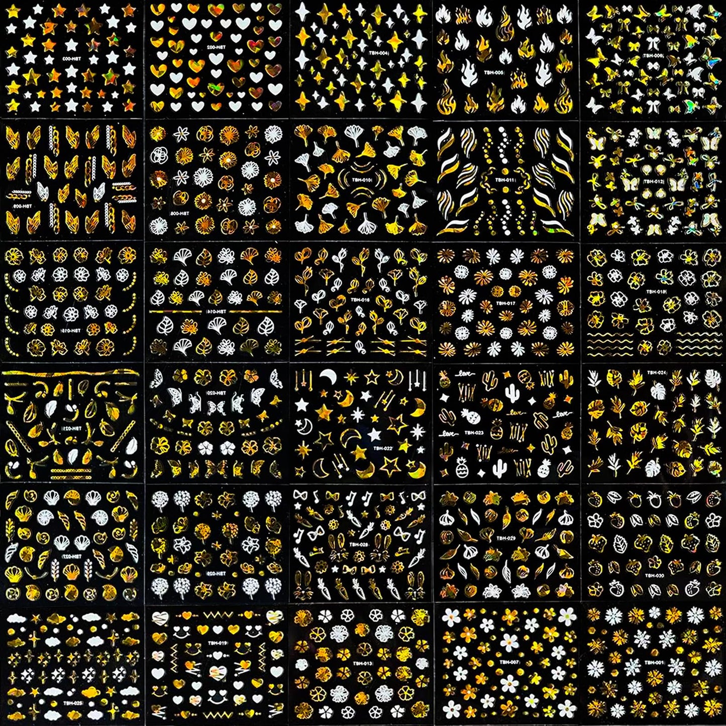 30 Sheets Gold Nail Art Stickers Bronzing Gold Flower Leaf 3D Self-Adhesive Nail Stickers Star Love Design Laser Nail Decals Acrylic Nail Supplies for Women Nail DIY Decoration
