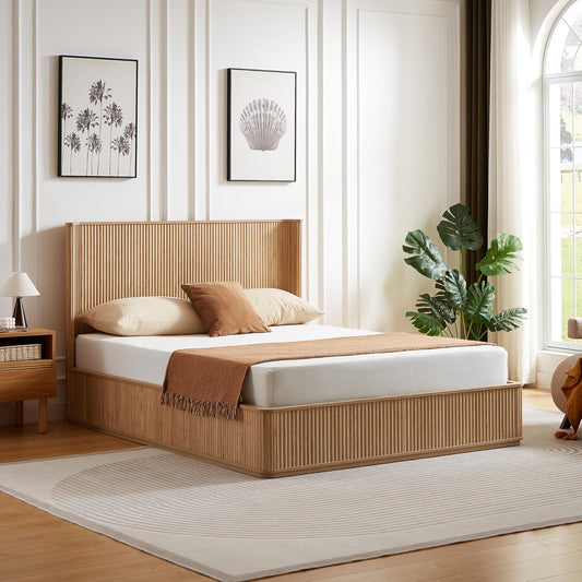KEIKI Queen Bed Frame with 44" Tall Fluted Headboard, Natural Oak Platform Bed Frame, Modern Wood Bed Frame with Solid Slats, No Box Spring Needed, Noise-Free, Easy Assembly