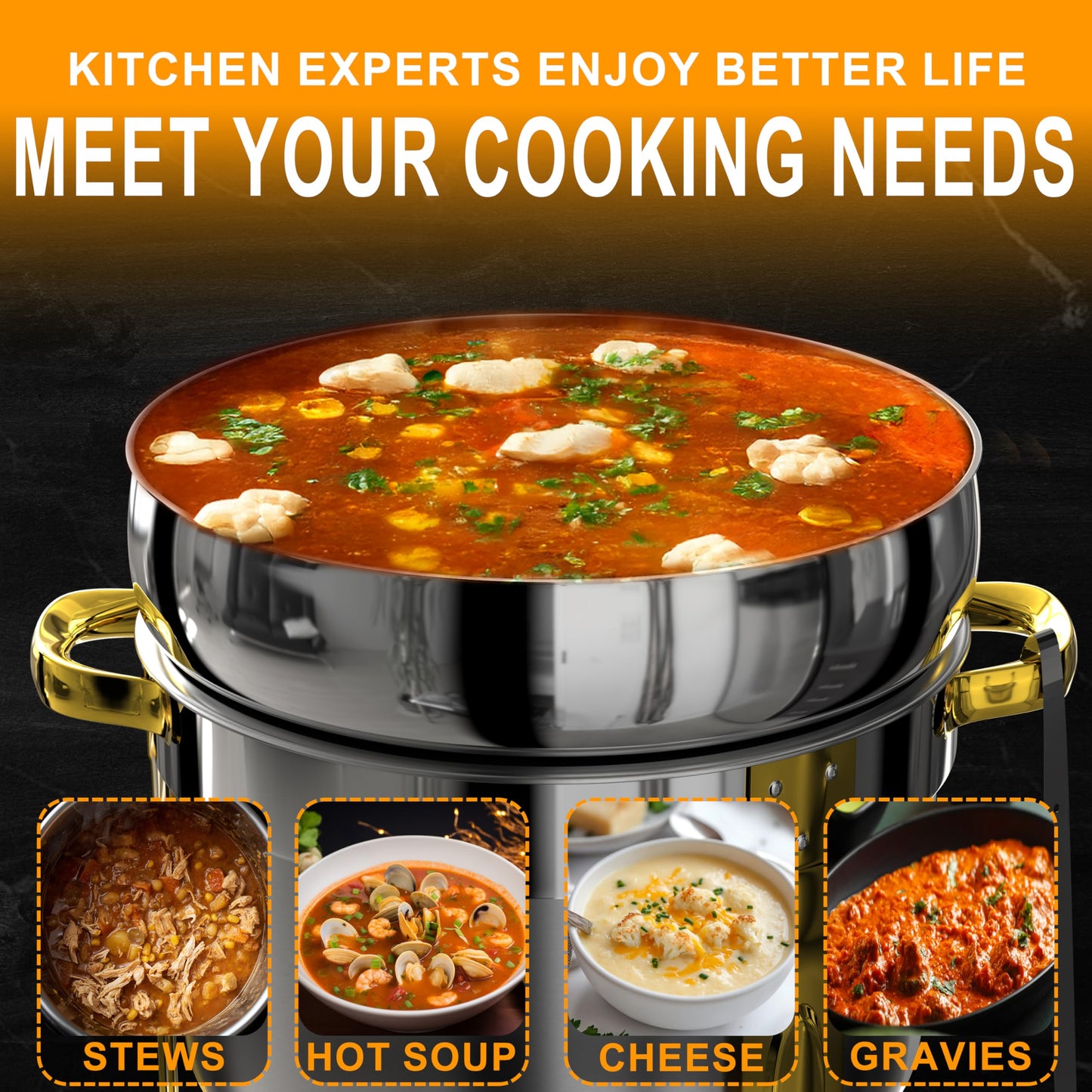 Soup Chafer for Buffet 2 Pack, 11QT Round Soup Warmers Set Stainless Steel Buffet Food Warmer Set for Catering Events Parties Dinners with Complete Set,(Gold and Silver)