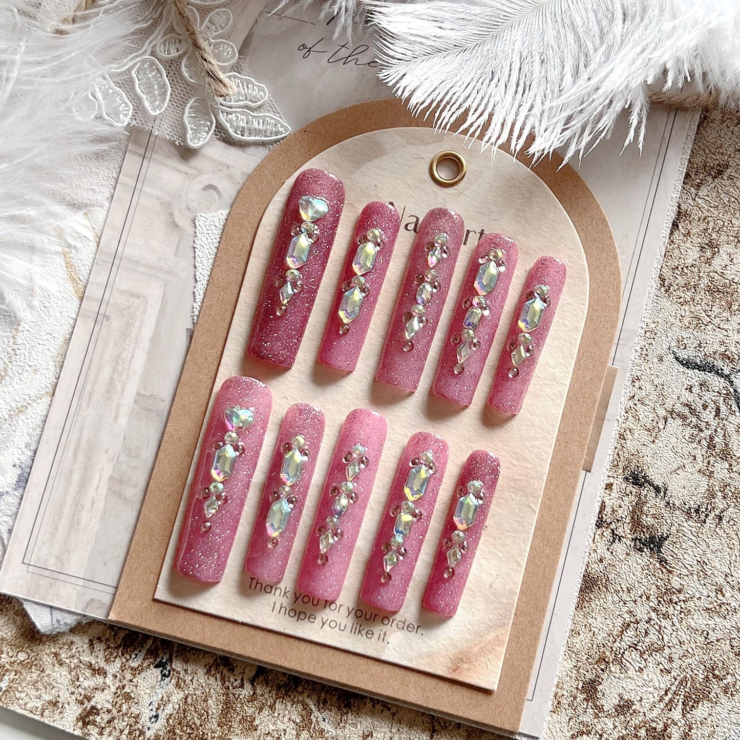 NAIL ANGEL 10PCS/SET Glamorous Handmade Press on nails Glitter Gem Rhinestone Long Coffin Nails Party Nails XXL Long Artifical Tips ZJ-05 (M)
