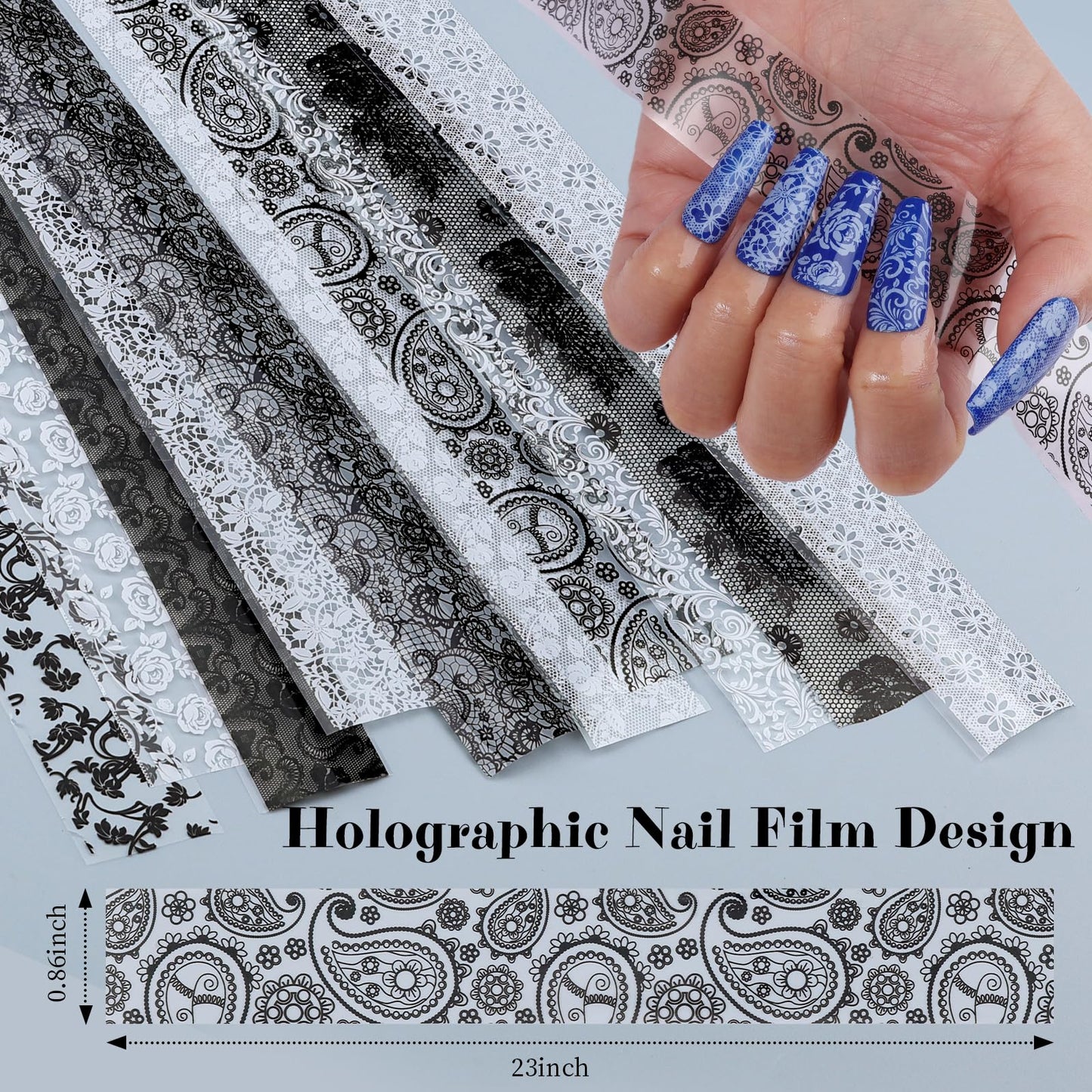 Lace Nail Foil Transfer Sheets, 10 Rolls Black White Flower Nail Art Transfer Foils Decals, Holographic Nail Foils Transfer DIY Nail Stickers for Acrylic Nails, Gel Nails and Manicure Decorations