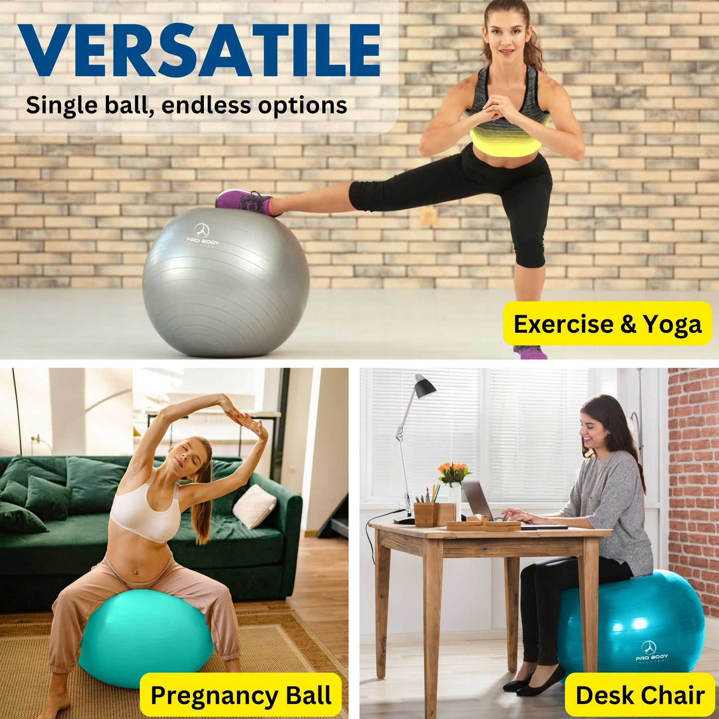 ProBody Pilates Yoga Ball - Fresh Colors Exercise Ball for Stability, Pregnancy, Workout, Physical Therapy & Birthing, Balance Ball Chair (Sky, 65 cm)