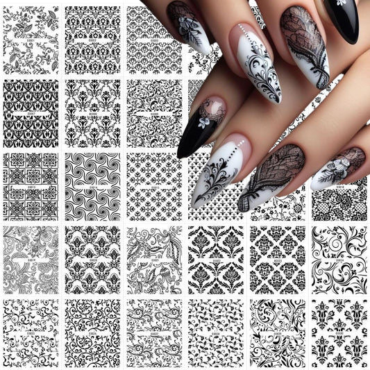 WEIXIWUYU 30 Sheets Black Lace Nail Art Stickers 3D Self-Adhesive Black Hollow Retro Floral Vine Design Decals for Women Girls DIY Manicure Slider Decorations