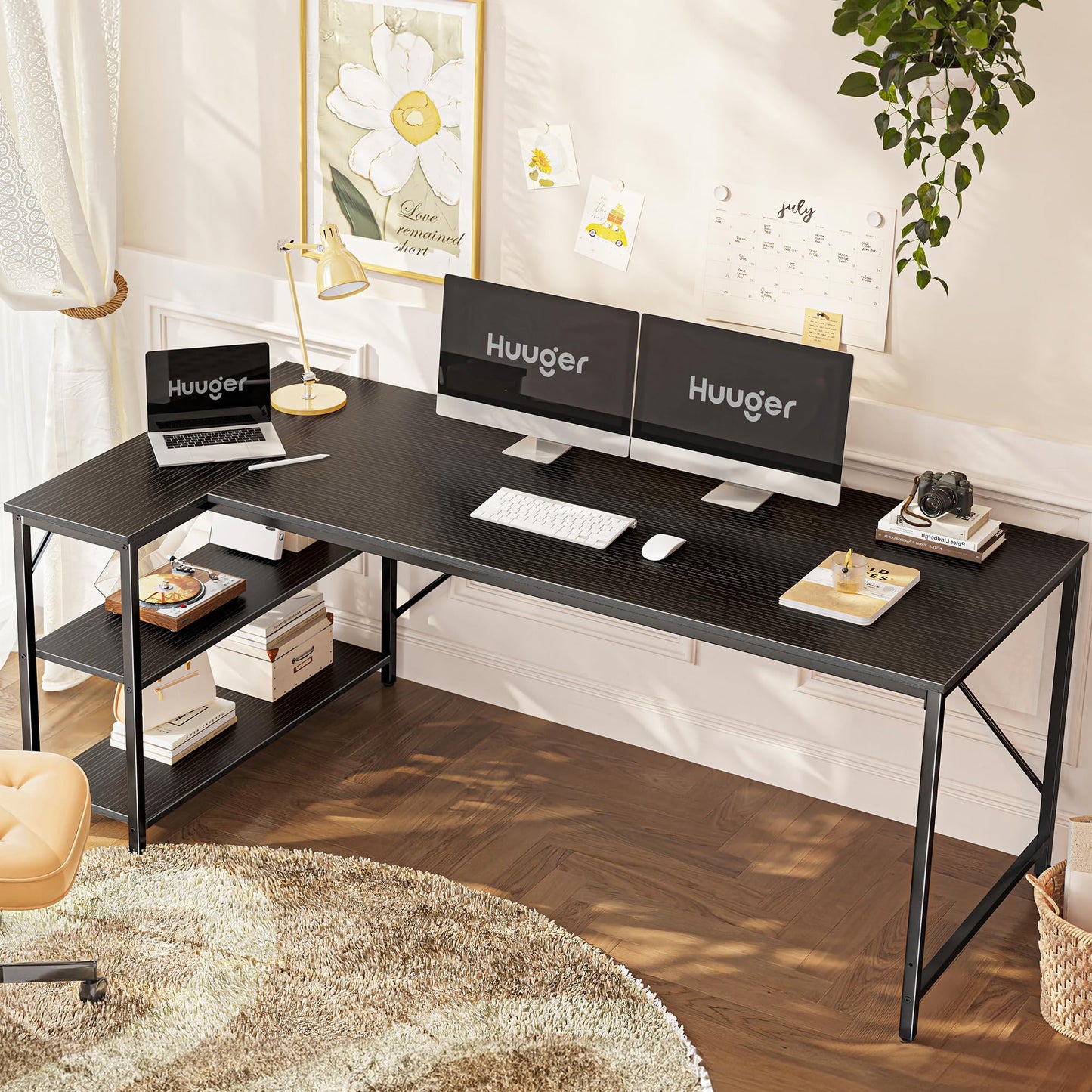 Huuger L Shaped Desk, 63 Inches Computer Desk with Reversible Storage Shelves, Gaming Corner Home Office Writing Study, Metal Frame, Black
