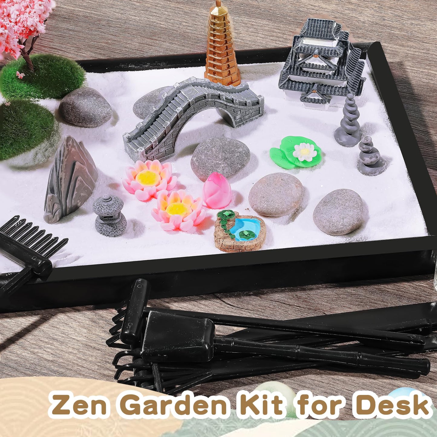 Bbiamsleep Zen Garden Kit for Desk, 9.8 x 7 Inch Mini Zen Sand Garden with 6 Tools, 23 Accessories for Home Office Desktop Japanese Decor