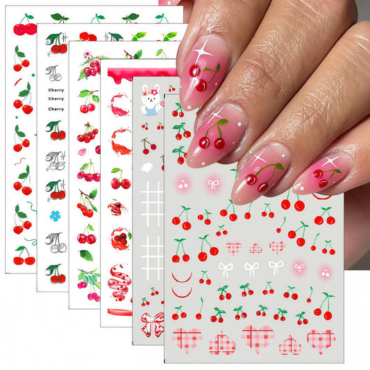 6 Sheets Summer Cherry Nail Art Stickers Cute Bunny Bowknot 3D Fruit Cherry Strawberry Design Suitable for Women and Girls Acrylic Nail Art Decoration