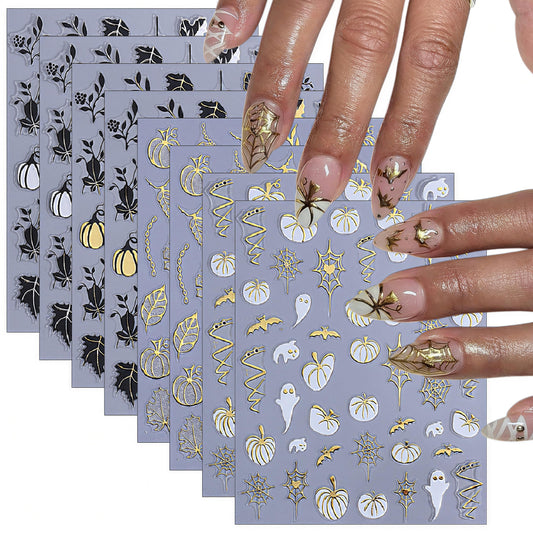 8 Sheets Halloween Nail Stickers 3D Self-Adhesive Glitter Pumpkin Ghost Black Leaf Nail Decals Gold Silver Pumpkin Spider Web Bat Design Nail Stickers for Halloween Party DIY Manicure Kit Decoration