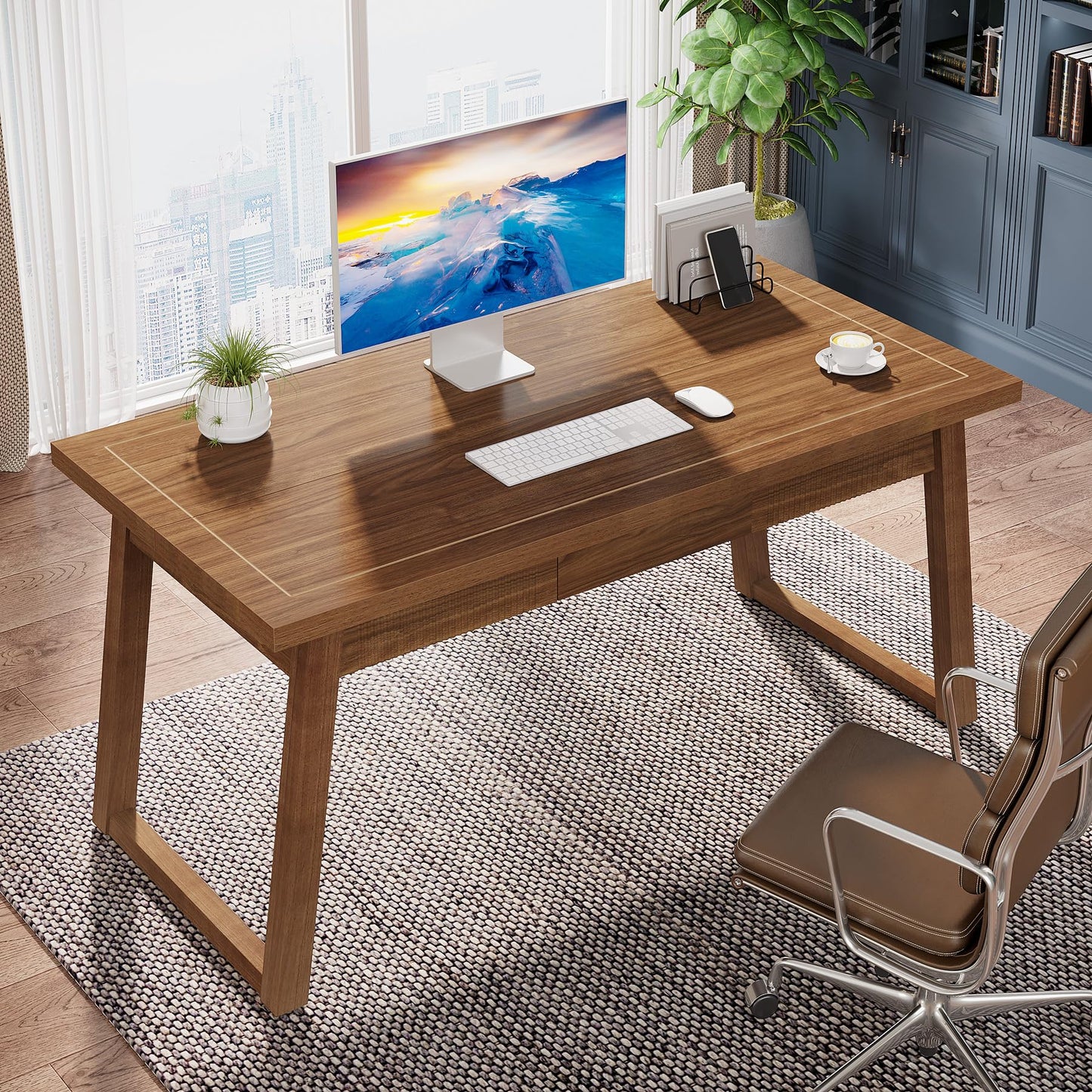 Tribesigns Home Office Executive Desk: 55 Inches Wooden Computer Desk with Drawer, Mid-Century Modern Study Writing Table, Rustic PC Laptop Desk Workstation Furniture, Walnut Brown