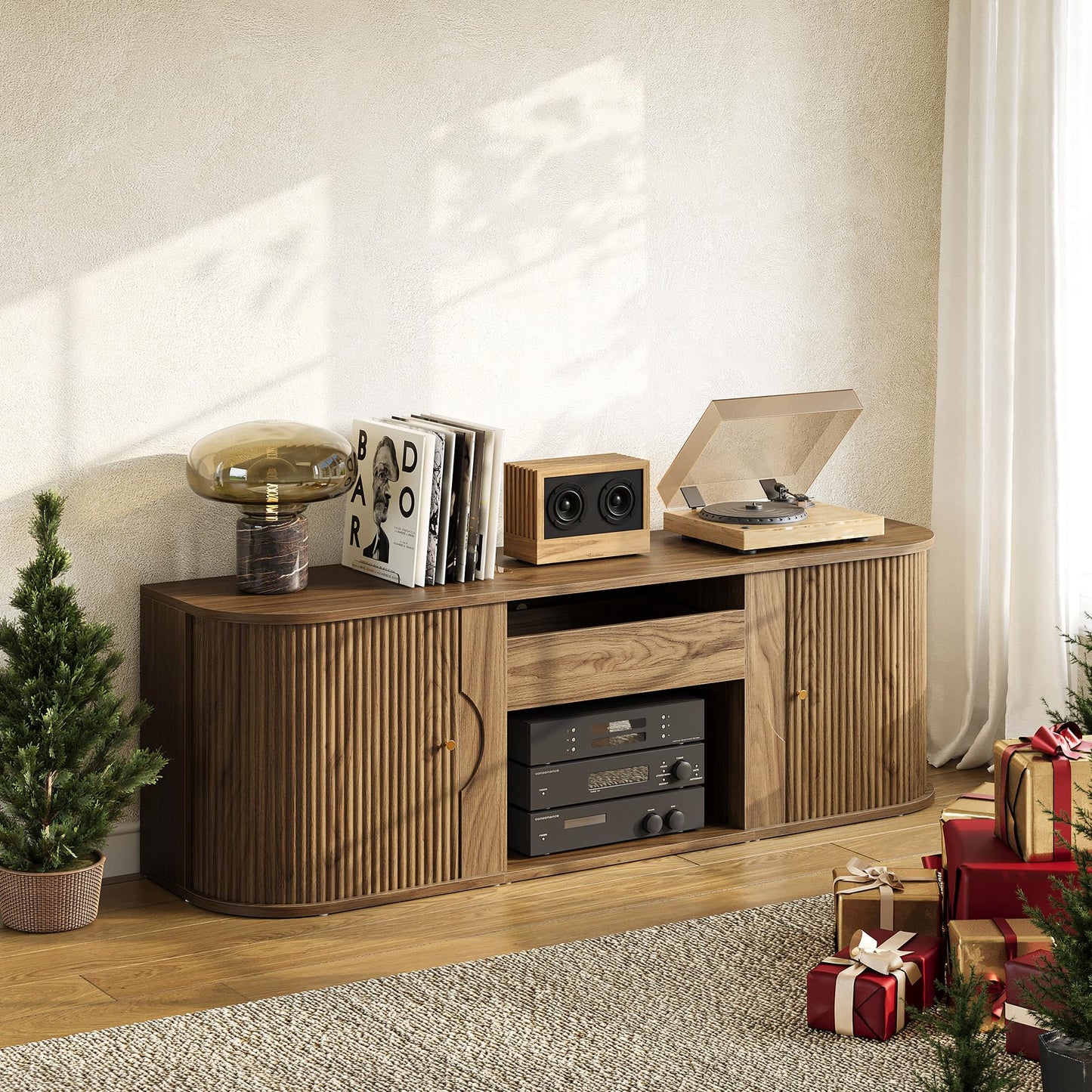 LITTLE TREE 70-Inch TV Stand for Projector, Entertainment Center with Ample Storage, Mid-Century Modern Media Console for Living Room, Bedroom, Wooden Stand for Short Throw Projector, Walnut Brown