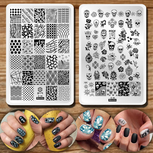 2pcs 9.5x14.5cm Nail Stamping Plates Geometry Skull Series Nail Art Stamp Templates Stencils Design Polish Manicure Stripe Dot Love Image Painting Nail Plate