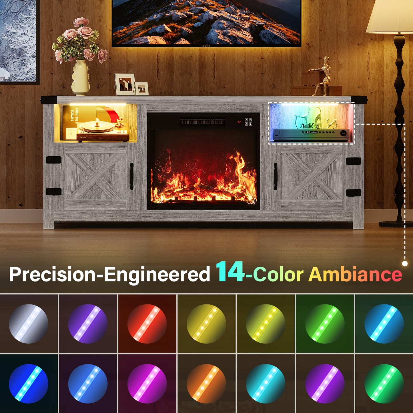 YESHOMY LED Fireplace TV Stand with Mood Lighting, TV Cabinet with Open Shelf, Farmhouse Media Console with Hidden Cable Routing, Entertainment Center for Televisions up to 65+ Inch, Gray Wash