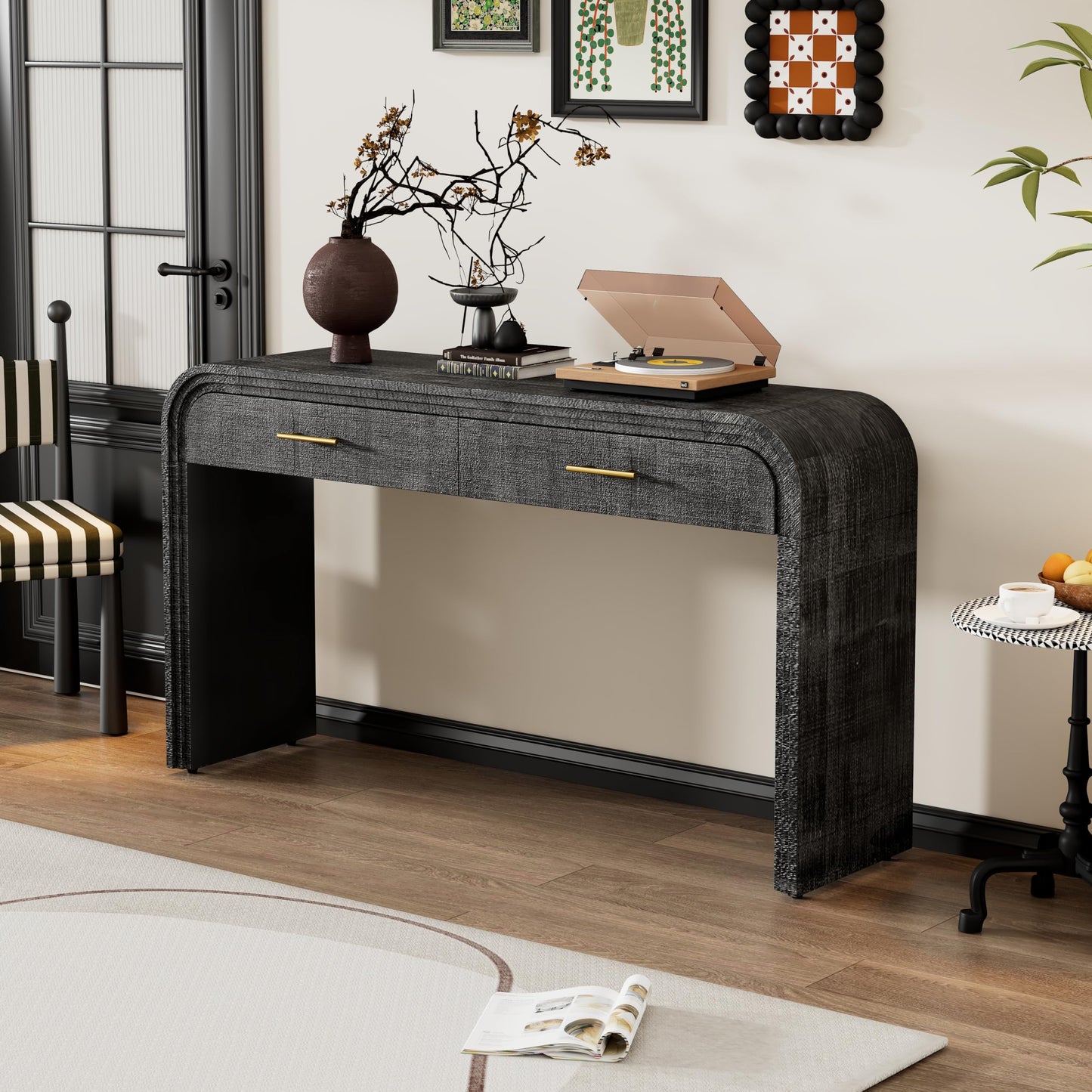 GDFStudio 59" Retro Console Table with Drawers, Narrow Entryway Cabinet Sofa Table with Fluted Details & Distressed Finish, Wood Sideboard Buffet Tables for Living Room Dining Room, Antique Black-1