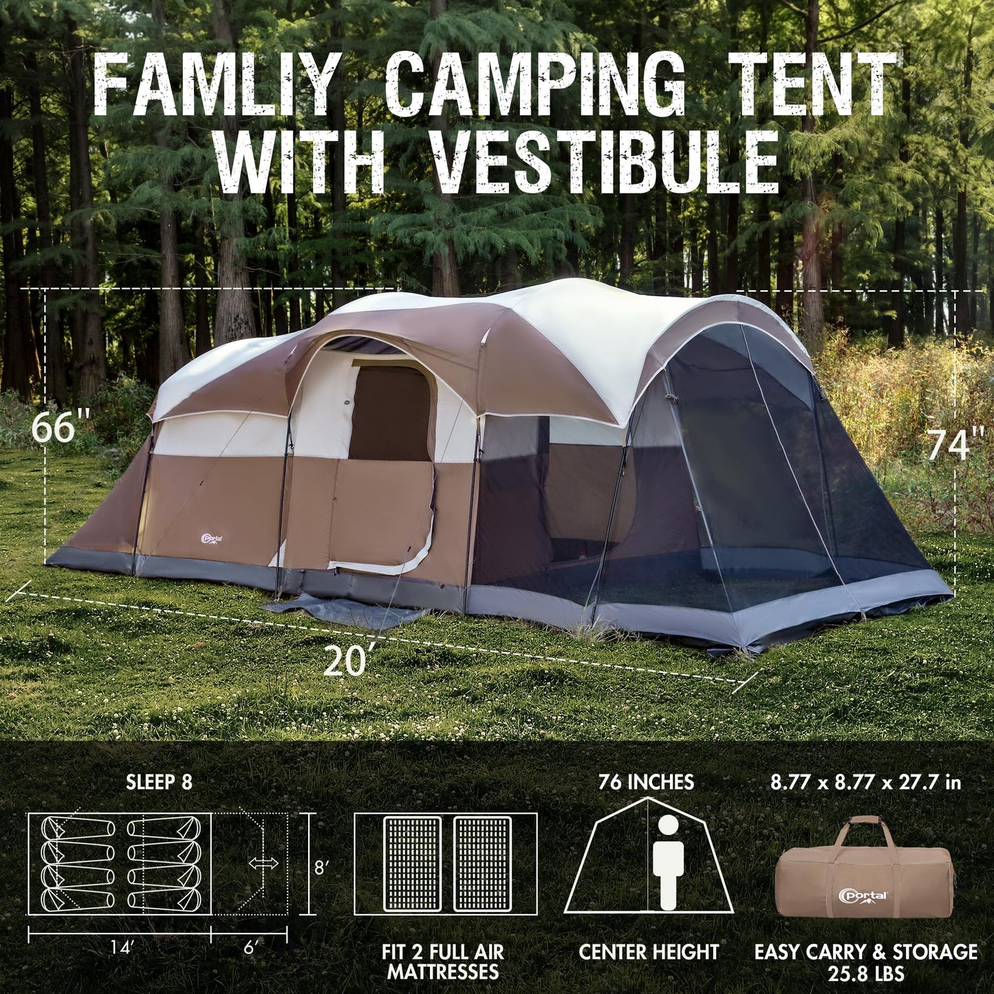 Portal 8 Person Family Tent for Camping with Screen Porch, Waterproof Large Camping Tent with Rainfly, Big Family Tents for Outdoor Camping