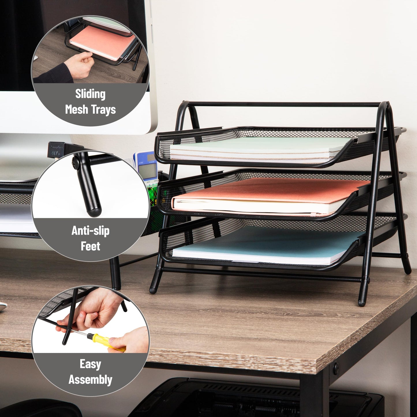 Mind Reader 3-Tier Paper Tray, Desktop Organizer, File Storage, Office, Metal Mesh, 11.75" L x 13.75" W x 10" H, Set of 2, Black