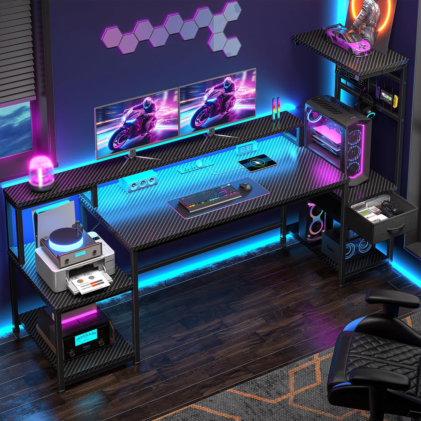 DurayLoly 55" Gaming Desk with LED Lights & Outlets,Computer Desk with Drawers & Monitor Stand,Gaming Table with Storage Shelves & Printer Space for Game Room,Study Room,Home Office,Bedroom,Black