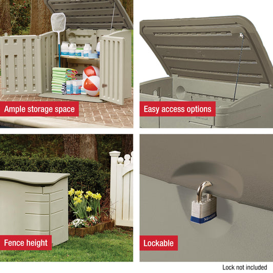 Rubbermaid Large Horizontal Resin Outdoor Storage Shed With Floor (5 x 4 Ft) Weather Resistant, Beige/Brown, Organization for Home/Backyard/Pool Chemicals/Toys/Garden Tools/Porch/Patio Cushions