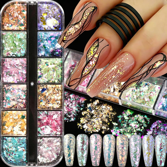 Holographic Aurora Opal Nail Flakes,12 Colors Iridescent Mermaid Nail Powder Gradient Ice Slag Nail Sequins Spring Summer for Gel Polish, Acrylic Nails, DIY Manicure & Resin Craft Supplies
